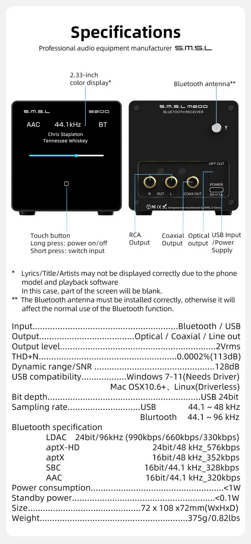 SMSL B200 เครื่องรับสัญญาณเสียงบลูทูธ DAC ปรีแอมป์สำหรับออดิโอไฟล์ ประกันศูนย์ไทย