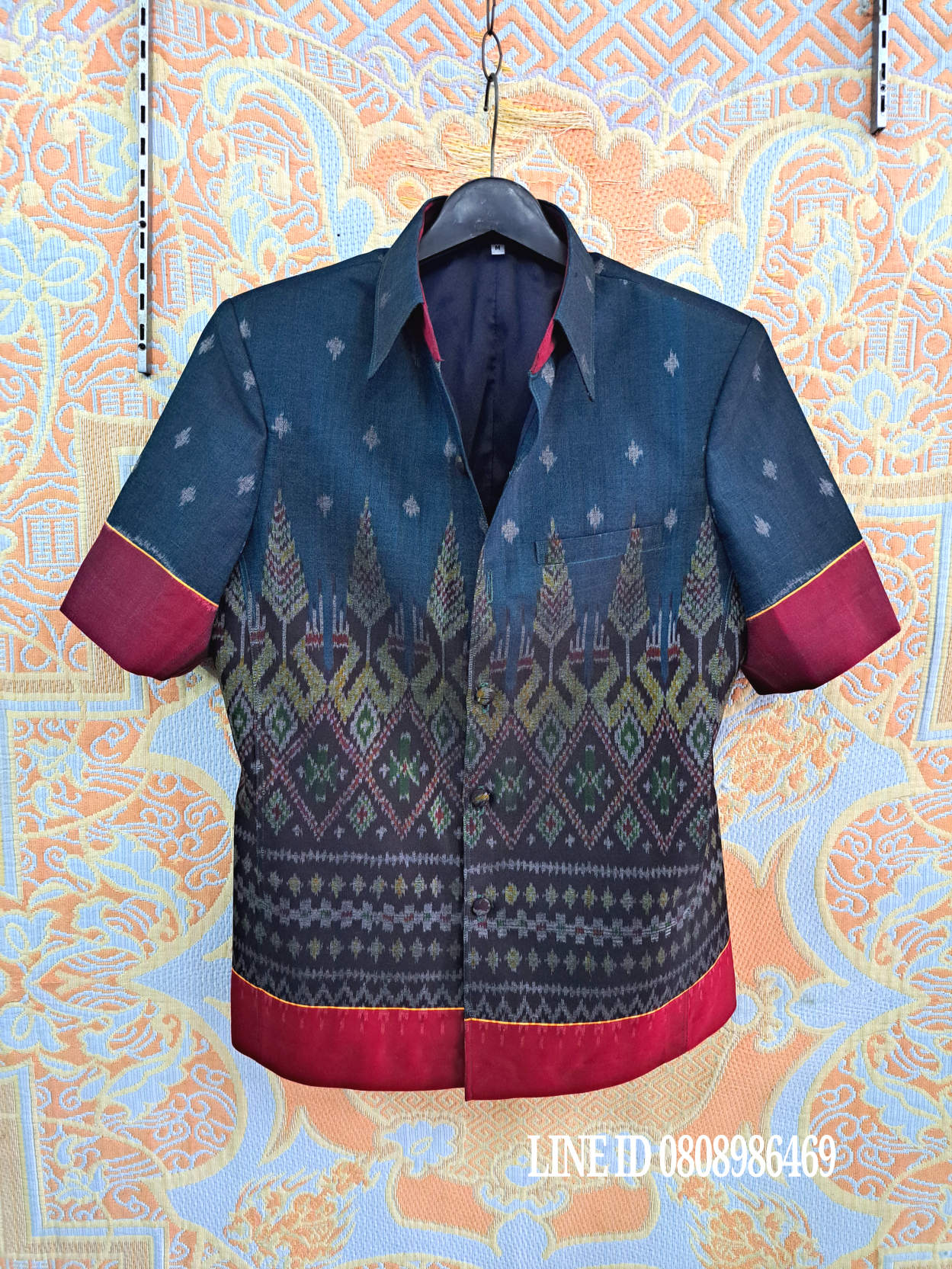 เสื้อสูทชายฝ้ายแท้มัดหมี่ตีนแดงทอมือ เสื้อสูทชายฝ้ายแท้ สูทผ้าไทยชาย ซาฟารีผ้าไทยชาย สูทผ้าฝ้ายมัดหมี่ตีนแดง