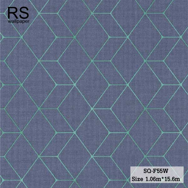 วอลเปเปอร์ สไตล์โมเดิร์น ลายลูกบาศ์ก พื้นสีน้ำเงิน เส้นสีเขียว SQ-F55W