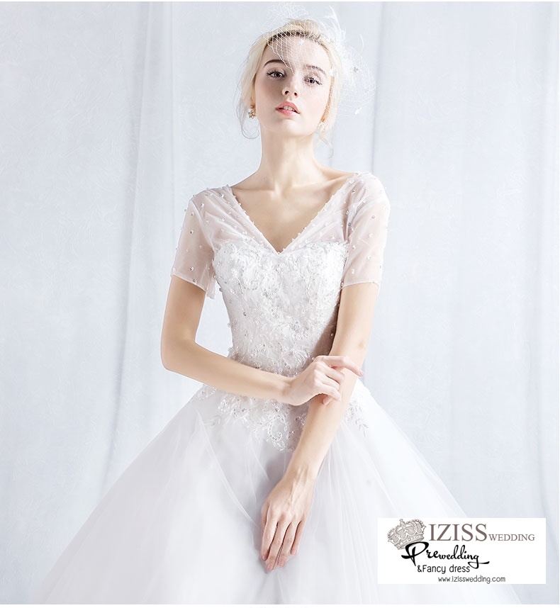 ฺBR112 **พรีออเดอร์**ชุดแต่งงาน&ชุดเจ้าสาวแบบยาวสีขาวเกรดพรีเมี่ยม แขนสั้นแต่งมุก หรูหราน่ารัก สวยโดดเด่นไม่ซ้ำใคร