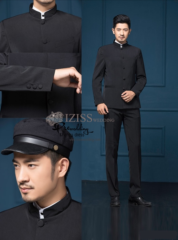 ST007- **พรีออเดอร์สีขาว/แดง/ดำ**สูทจีนผู้ชายสีดำแขนยาวคอจีน ติดกระดุมสีดำ พร้อมกางเกงสีดำขาสอบ ชุดสูทเจ้าบ่าว สูทแฟนซี ถ่ายพรีเวดดิ้ง & ชุดแต่งงานแฟนซี (Fancy wedding dress) สูทผู้ชายสีดำ