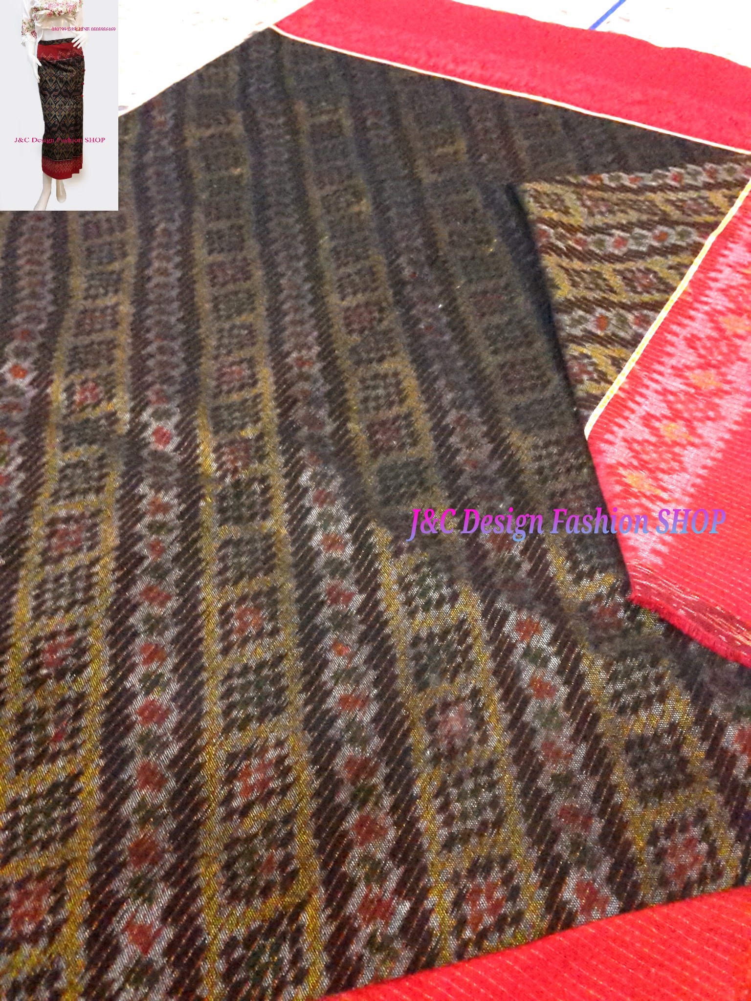 ผ้าซิ่นมัดหมี่ตีนแดง ผ้าซิ่นตีนแดง ผ้าถุงฝ้ายมัดหมี่ตีนแดง ผ้าทอพื้นเมืองบุรีรัมย์ ลายขอนาคเล็กเฉียง อัปสรา 2 เมตร