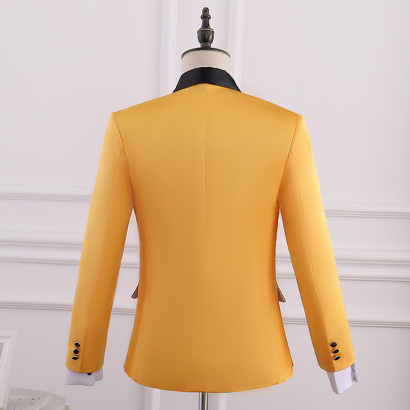 ST125- **พรีออเดอร์**สูทจีนสีน้ำเงินลายมังกร ตัดสีดำช่วงคอ แขนยาว พร้อมกางเกงสีดำ ชุดสูทเจ้าบ่าว สูทแฟนซี ถ่ายพรีเวดดิ้ง & ชุดแต่งงานแฟนซี (Fancy wedding dress) สูทจีนสีเหลืองลายมังกร