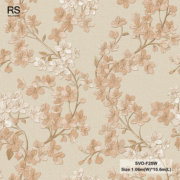 วอลเปเปอร์ลายดอกไม้สีครีมโอรส พื้นสีน้ำตาลอ่อน SVO-F25W