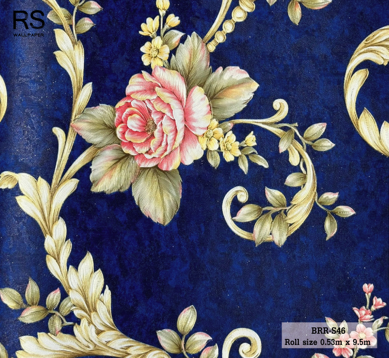 วอลเปเปอร์ ลายดอกไม้วินเทจสีแดง พื้นสีน้ำเงิน BRR-S46