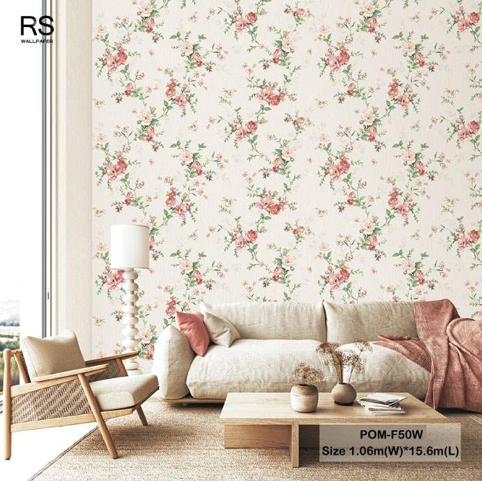 วอลเปเปอร์ลายดอกไม้สีชมพู-โอรส พื้นสีน้ำตาลอ่อน POM-F50W