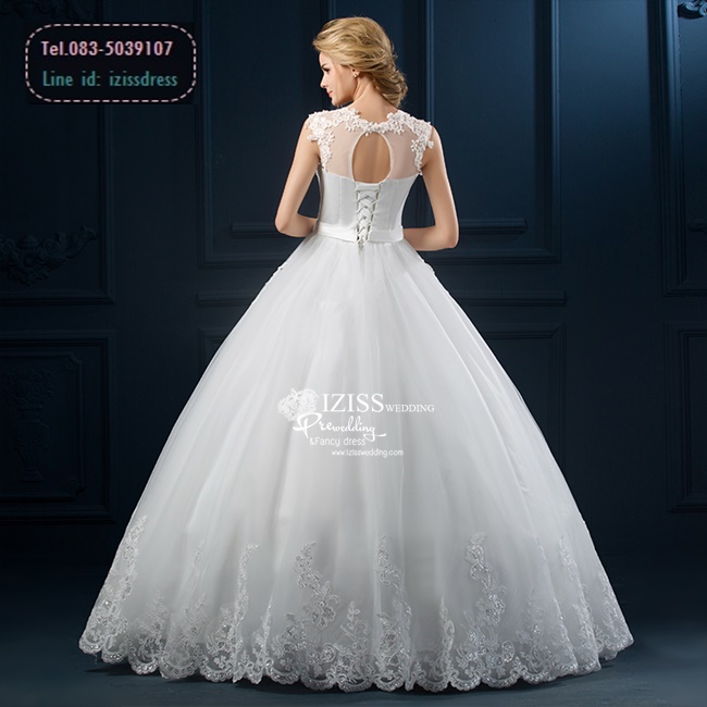 BR175 **พรีออเดอร์**ชุดแต่งงาน&ชุดเจ้าสาวแบบยาวสีขาวเกรดพรีเมี่ยมแขนกุด ซีทรูช่วงเนินอกด้วยผ้าตาข่ายโปร่งปักเลื่อมผสมผ้าลูกไม้ ตกแต่งช่วงเอวเป็นเข็มขัดด้วยเพชรรูปดอกไม้ หรูหราน่ารัก สวยโดดเด่นไม่ซ้ำใคร