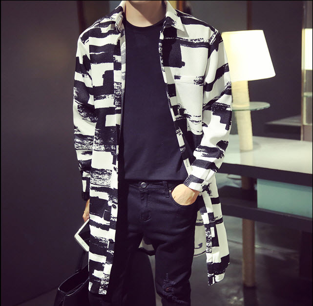 พร้อมส่ง เสื้อโค้ท ผู้ชาย เสื้อกันหนาวตัวยาว สีขาว ลายดำ คอปก ใส่เป็นเสื้อคลุมหน้าหนาว แบบเท่