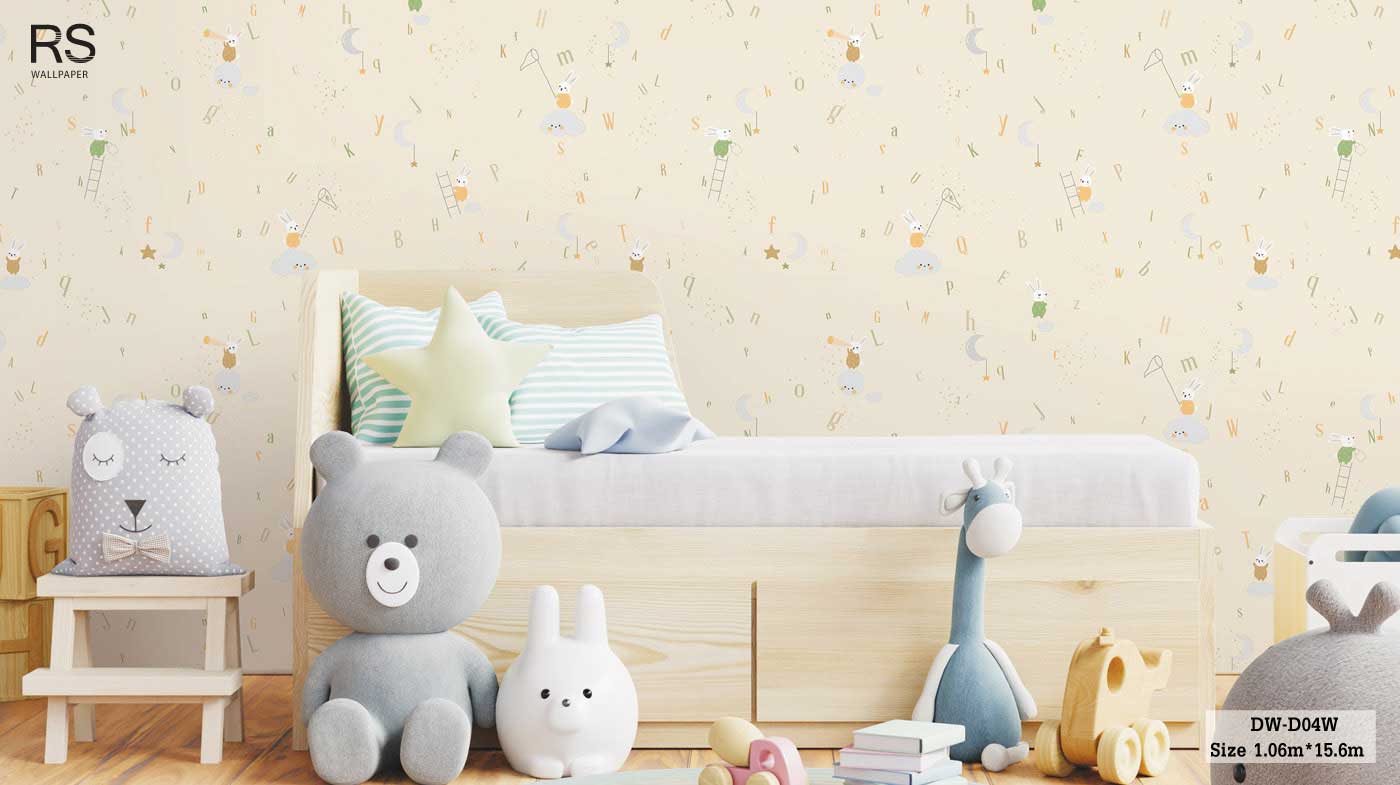 วอลเปเปอร์ห้องเด็ก พื้นสีครีมเบจ ลายกระต่าย เมฆ ตัวหนังสือ DW-D04W