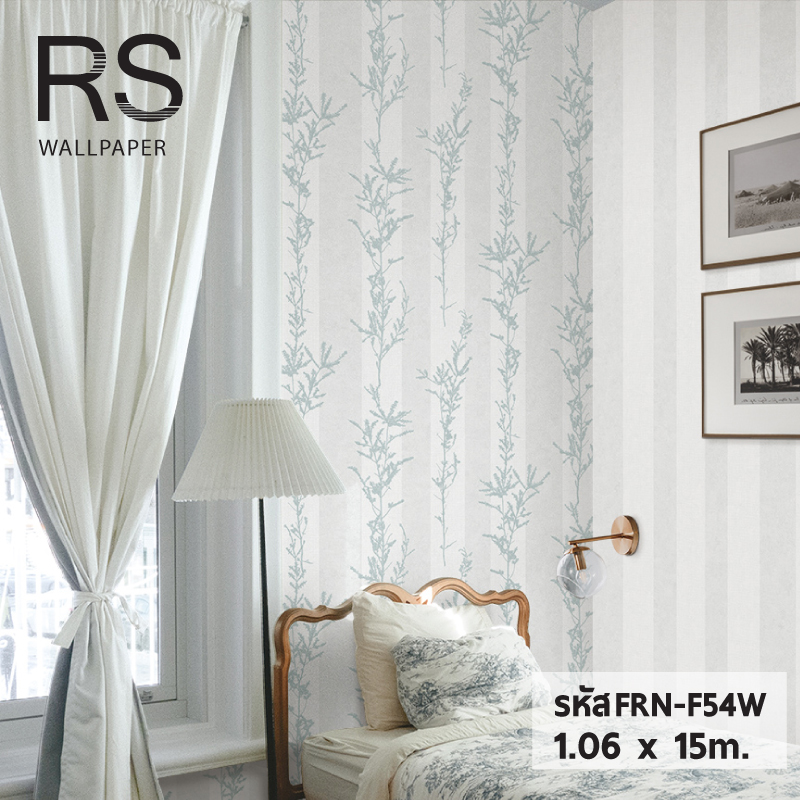 วอลเปเปอร์ ลายกิ่งไม้ ใบไม้ สีเทาเขียว ลายทางสีเทาเงิน FRN-F54W