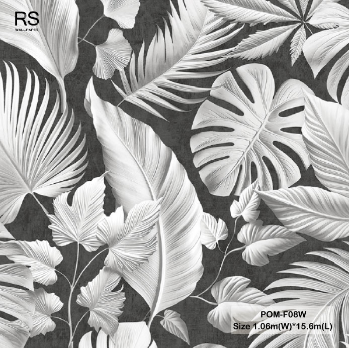 วอลเปเปอร์ลายใบไม้ทรอปิคอล สีดำเทา POM-F08W
