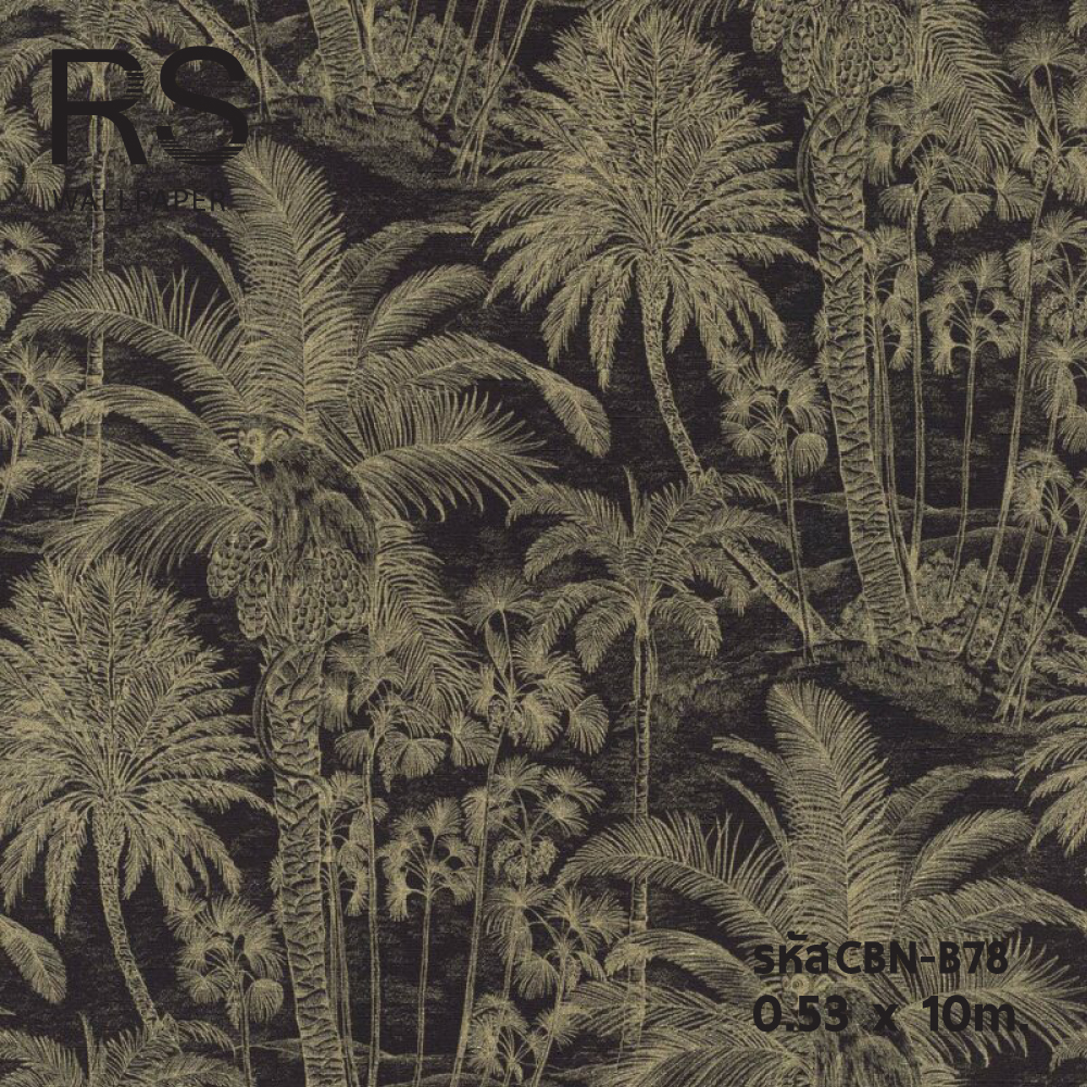 วอลเปเปอร์ลายลิง ต้นมะพร้าวสีทอง พื้นสีดำ (Tropical Style) CBN-B78