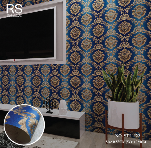 วอลเปเปอร์ ลายหลุยส์ พื้นสีน้ำเงิน ลายสีทอง No.STL-J22