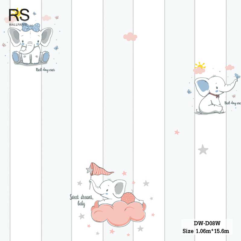 วอลเปเปอร์ห้องเด็ก ลายช้าง ผสมลายทางสีฟ้าขาว DW-D08W