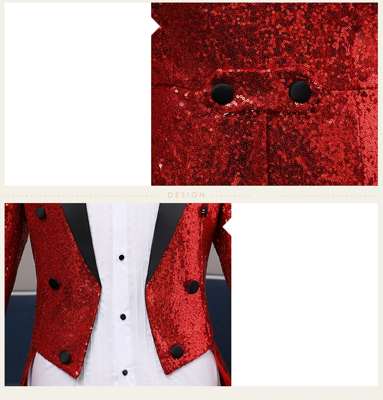 ST128- **พรีออเดอร์มี3สี**สูททักซิโด้เลื่อมผู้ชายสีเทาเงิน สีทองและสีดง สลับปกสีดำ แขนยาว พร้อมกางเกง ชุดสูทเจ้าบ่าว สูทแฟนซี ถ่ายพรีเวดดิ้ง & ชุดแต่งงานแฟนซี (Fancy wedding dress) สูทเลื่อมผู้ชายสีเงิน สีทองและสีแดง