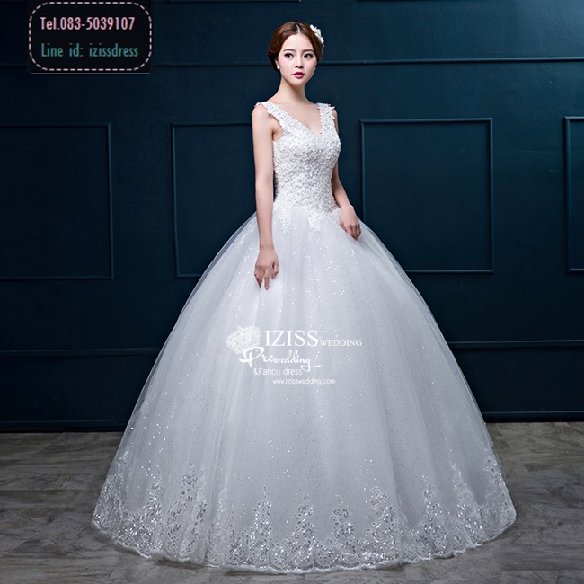BR158 **พรีออเดอร์**ชุดแต่งงาน&ชุดเจ้าสาวแบบยาวสีขาวเกรดพรีเมี่ยม แขนกุดไหล่คู่ ตกแต่งลูกไม้ช่วงบน หรูหราน่ารัก สวยโดดเด่นไม่ซ้ำใคร