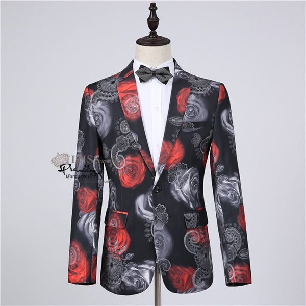 ST106- **พรีออเดอร์**สูทแฟนซีผู้ชายสีดำหม่นลายดอกไม้ พร้อมกางเกง ชุดสูทเจ้าบ่าว สูทแฟนซี ถ่ายพรีเวดดิ้ง & ชุดแต่งงานแฟนซี (Fancy wedding dress) สูทผู้ชายสีดำหม่นลายดอกไม้สีแดงขาว