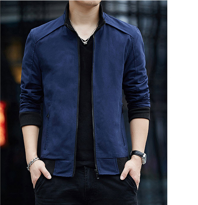 พร้อมส่ง เสื้อแจ็คเก็ต ผู้ชาย สีน้ำเงิน ซิปหน้า คอปีน แต่งคอ สีดำ แจ็คเก็ตแฟชั่นชาย