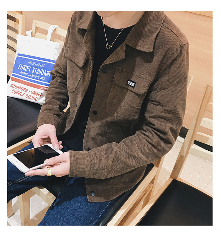 เสื้อลูกฟูกผู้ชาย สีน้ำตาล แขนยาว คอปก กระดุมหน้า เสื้อแจ็คเก็ต ใส่เป็นเซิ้ตได้ เสื้อผ้าแฟชั่นผู้ชาย