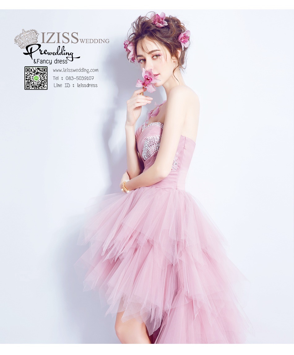 DL005 - **Pre order**ชุดราตรี เดรสหน้าสั้นหลังยาวออกงาน (Evening dresses) ชุดไปงานแต่งงานสวยๆ "ธีมสีชมพูกะปิ"