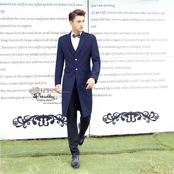 ST113- **พรีออเดอร์มีสีน้ำเงินและสีดำ** สูทยาวแฟนซีผู้ชายสีน้ำเงินและสีดำ ชุดสูทเจ้าบ่าว สูทแฟนซี ถ่ายพรีเวดดิ้ง & ชุดแต่งงานแฟนซี (Fancy wedding dress) สูทผู้ชายสีน้ำเงิน และสีดำ