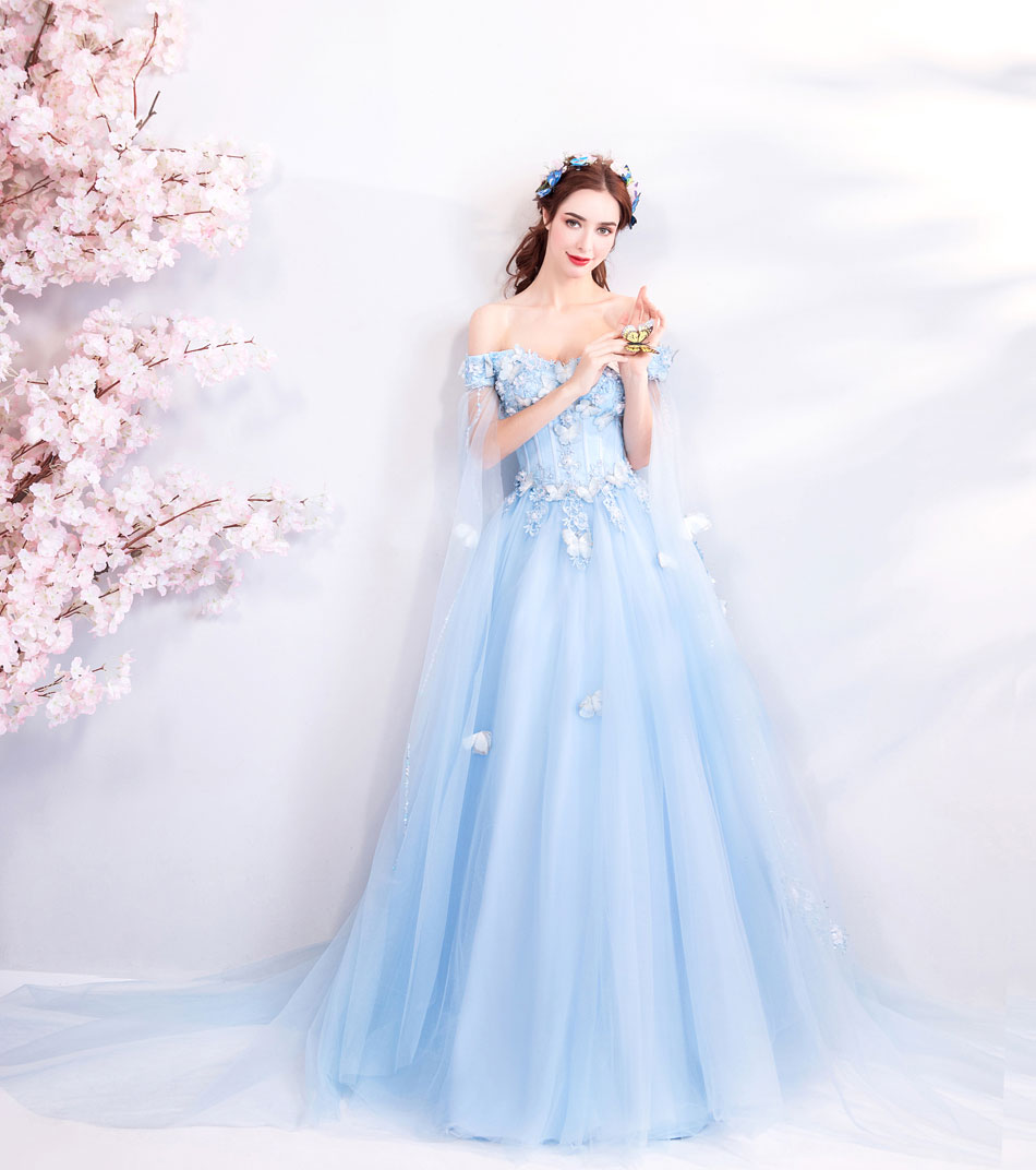 DL112 - **พรีออเดอร์** ชุดราตรี เดรสยาวออกงาน (Night party dresses) ชุดไปงานแต่งงานสวยๆ "ธีมสีฟ้าแต่งดอก 3D"