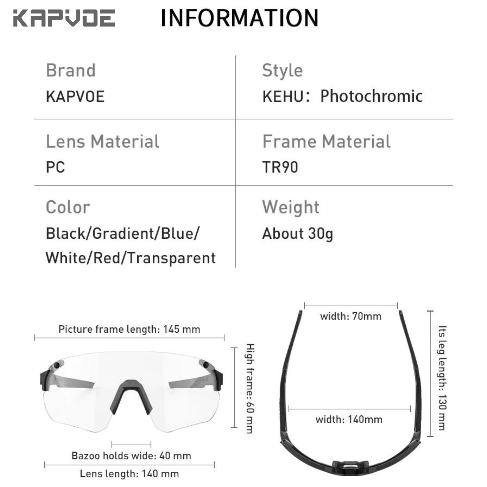 แว่นตากันแดดปั่นจักรยาน เลนส์ออโต้ KAPVOE KEHU 4เลนส์ พร้อมกรอบเลนส์สายตา
