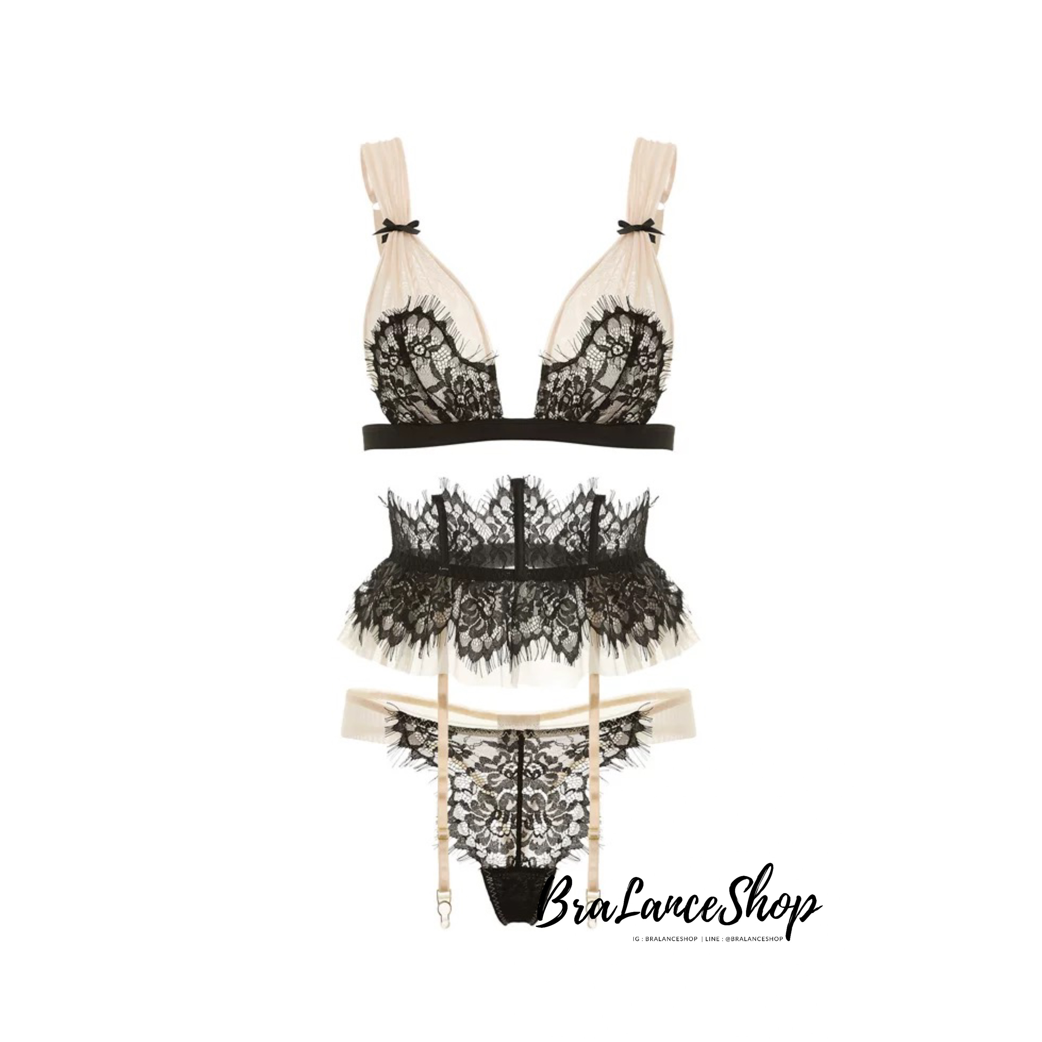 BLS✿1756 ชุดนอนลูกไม้ เซทสามชิ้น พร้อมการ์เตอร์หนีบถุงน่อง