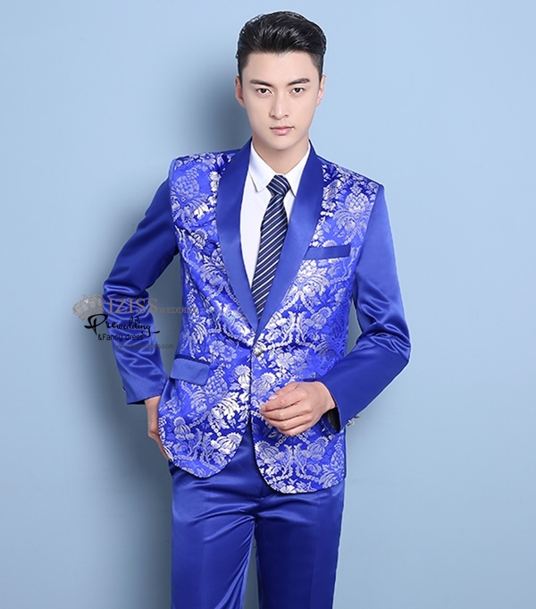 ST094 **พรีออเดอร์**สูทจีนผู้ชายสีน้ำเงินแขนยาว ลายดอกไม้จีนสีเงิน ติดกระดุม พร้อมกางเกงสีน้ำเงินขาสอบ ชุดสูทเจ้าบ่าว สูทแฟนซี ถ่ายพรีเวดดิ้ง & ชุดแต่งงานแฟนซี (Fancy wedding dress) สูทผู้ชายสีน้ำเงิน