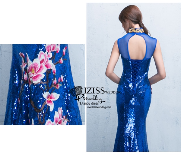 PW494 - **พรีออเดอร์** ชุดกี่เพ้าสีน้ำเงินเลื่อม ชุดคู่ถ่ายพรีเวดดิ้ง (prewedding dress) & ชุดแต่งงานแฟนซี (Fancy wedding dress)ชายหญิง "ธีมสีน้ำเงิน"