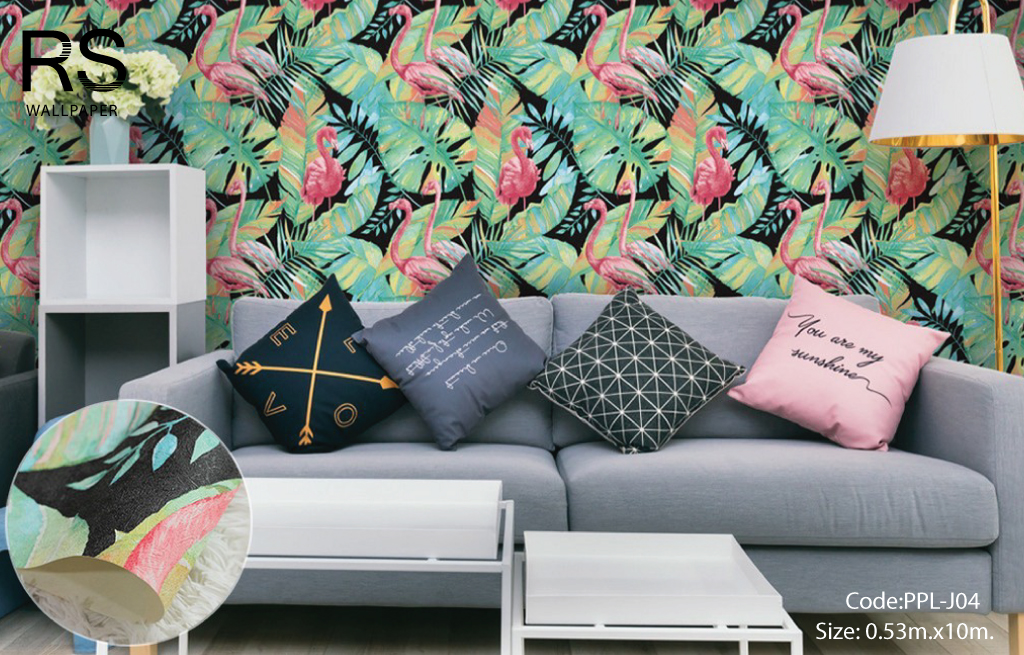วอลเปเปอร์ลายใบไม้ธรรมชาติสีเขียว พิ้นดำ และนกฟลามิงโก้ (Tropical Style)PPL-J04