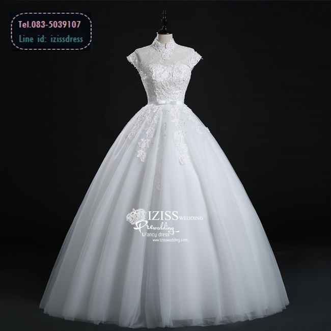 BR167 **พรีออเดอร์**ชุดแต่งงาน&ชุดเจ้าสาวแบบยาวสีขาวเกรดพรีเมี่ยม แขนสั้น ตกแต่งดีเทลลูกไม้ช่วงคอและข้างแขน ซีทรูช่วงไหล่และเนินอก ติดโบว์ช่วงเอว หรูหราน่ารัก สวยโดดเด่นไม่ซ้ำใคร