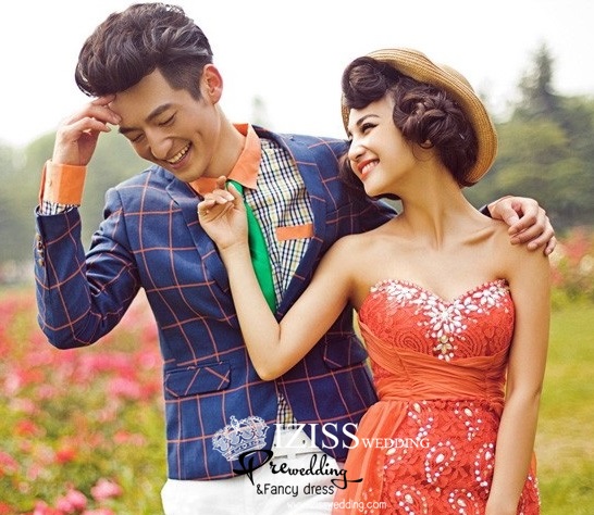 PW157 - Pre order ชุดคู่ถ่ายพรีเวดดิ้ง (prewedding dress) & ชุดแต่งงานแฟนซี (Fancy wedding dress)ชายหญิง "ธีมสีส้ม-ลายสก๊อตน้ำเงิน"