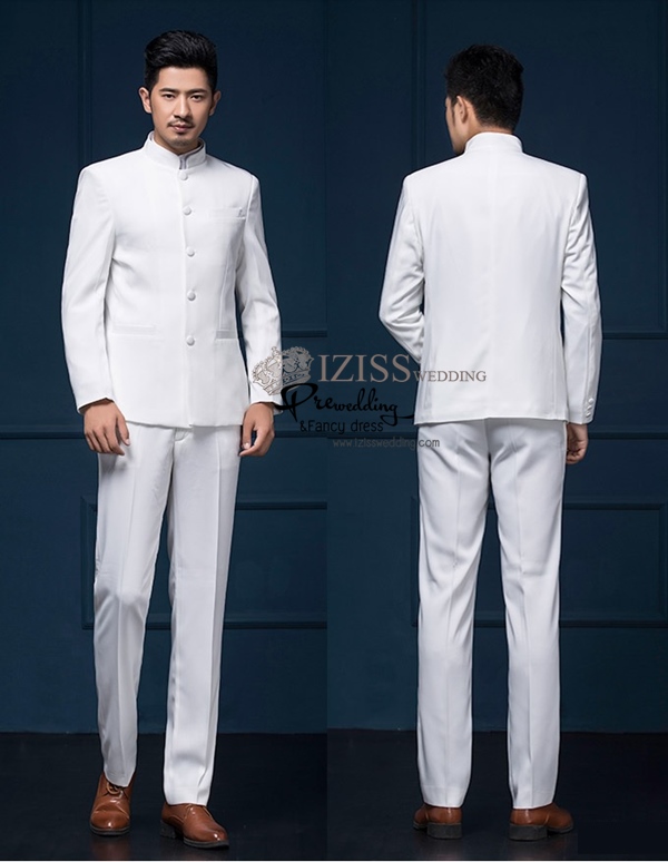 ST007- **พรีออเดอร์สีขาว/แดง/ดำ**สูทจีนผู้ชายสีดำแขนยาวคอจีน ติดกระดุมสีดำ พร้อมกางเกงสีดำขาสอบ ชุดสูทเจ้าบ่าว สูทแฟนซี ถ่ายพรีเวดดิ้ง & ชุดแต่งงานแฟนซี (Fancy wedding dress) สูทผู้ชายสีดำ