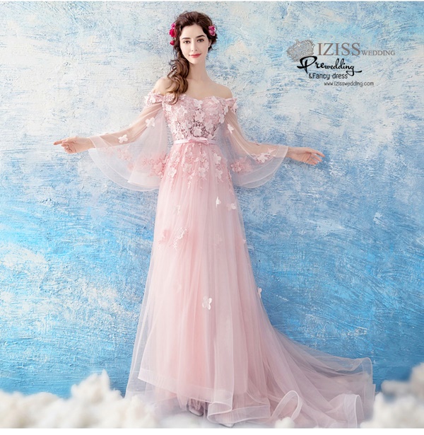 DL070 - **พรีออเดอร์** ชุดราตรี เดรสยาวออกงาน (Night party dresses) ชุดไปงานแต่งงานสวยๆ "ธีมสีชมพูแต่งดอก 3D"