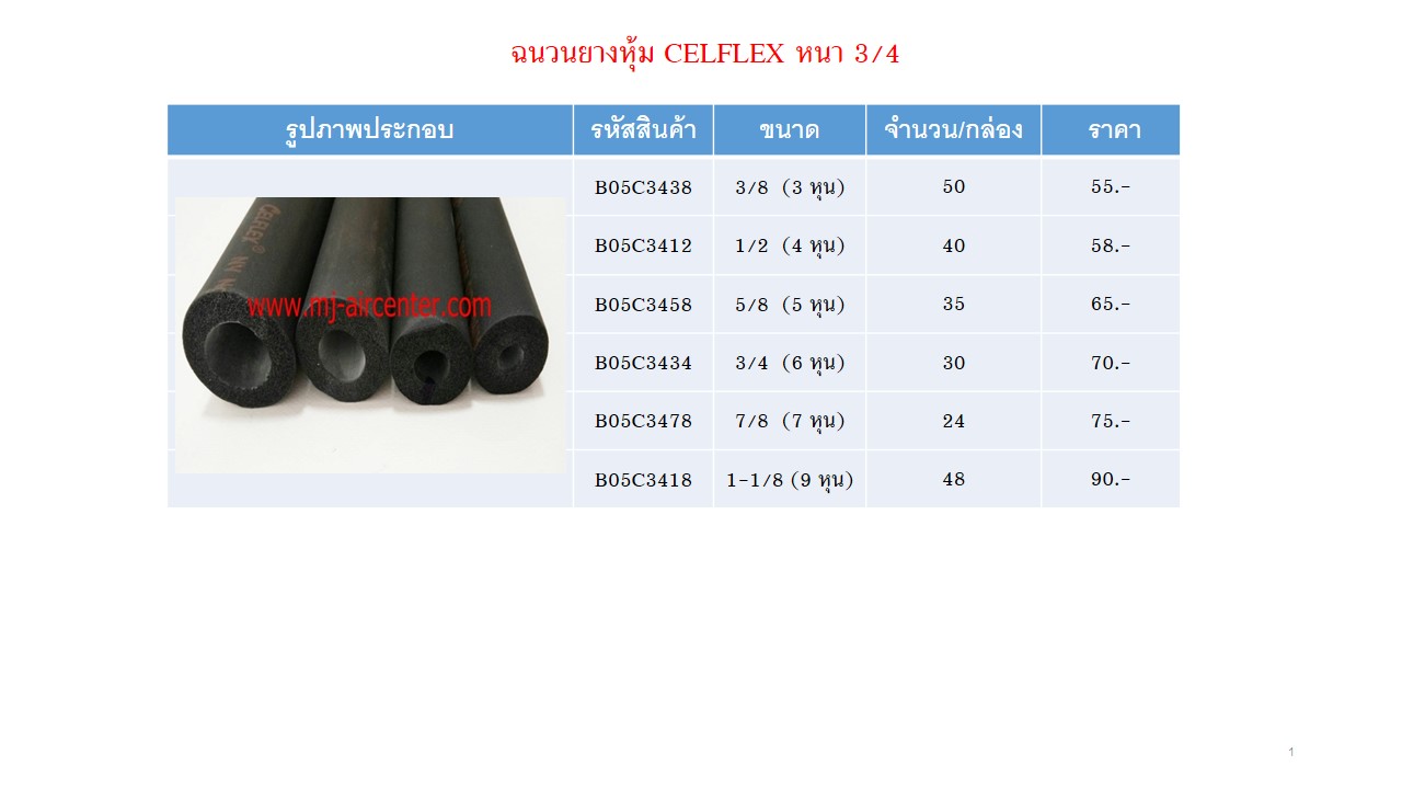 ฉนวนยางหุ้มท่อ หนา 3/4 (CELFLEX)