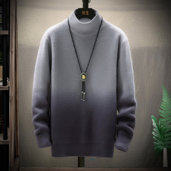 เสื้อไหมพรมผู้ชาย คอปีน สีเทา ไล่สี ผ้าลายริ้ว หนานุ่ม ใส่กันหนาว สเวตเตอร์ผู้ชาย