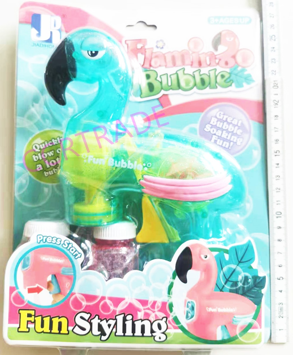 ปืนเป่าฟองฟลามิงโก้ใส+น้ำยา 2 ขวด มีไฟแผง 21x28 ซม.(1x3)