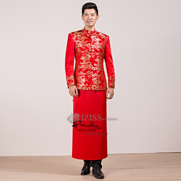 ST076 **พรีออเดอร์แบบ A B C D ระบุเวลาซื้อด้วยนะคะ**สูทจีนผู้ชายสีแดงแขนยาวปักลายมังกรสีทอง กระดุมขัด พร้อมกระโปรงสีแดง ชุดสูทเจ้าบ่าว สูทแฟนซี ถ่ายพรีเวดดิ้ง & ชุดแต่งงานแฟนซี (Fancy wedding dress) สูทผู้ชายสีแดง