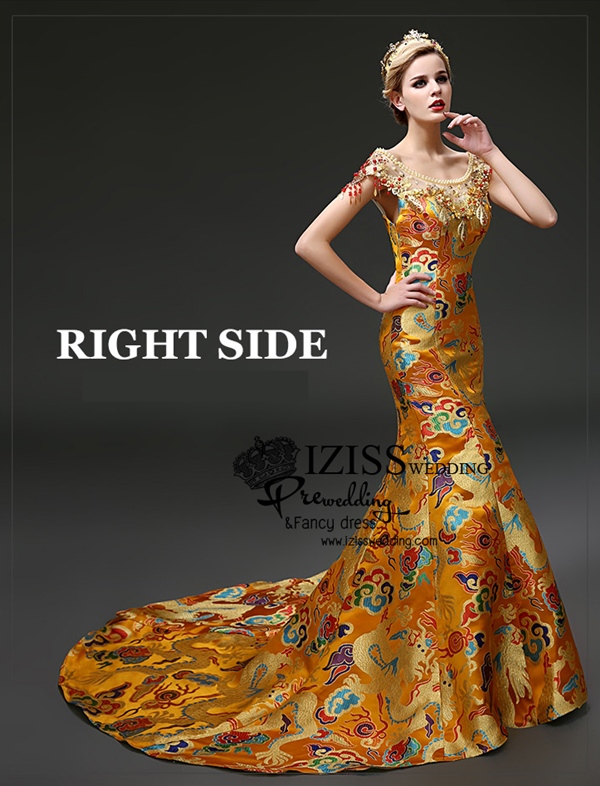 PW511 - **พรีออเดอร์มีแดงกับทองค่ะ** ชุดกี่เพ้าสีแดงทองลายมังกรแขนสั้นประดับเพชรพลอย ชุดยกน้ำชา ชุดคู่ถ่ายพรีเวดดิ้ง (prewedding dress) & ชุดแต่งงานแฟนซี (Fancy wedding dress)ชายหญิง "ธีมสีแดง"