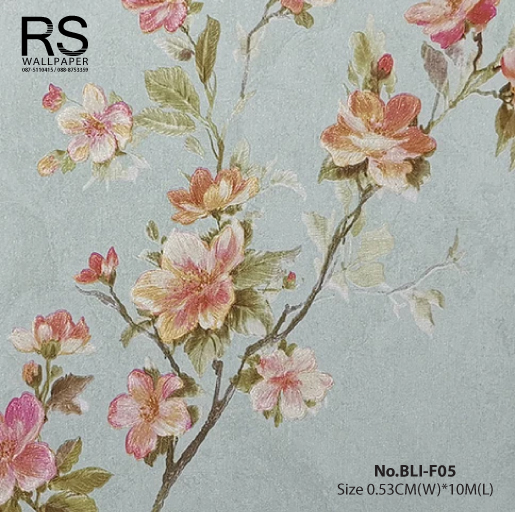 วอลเปเปอร์ ลายดอกไม้สีส้มชมพู พื้นสีเขียวพาสเทล No.BLI-F05