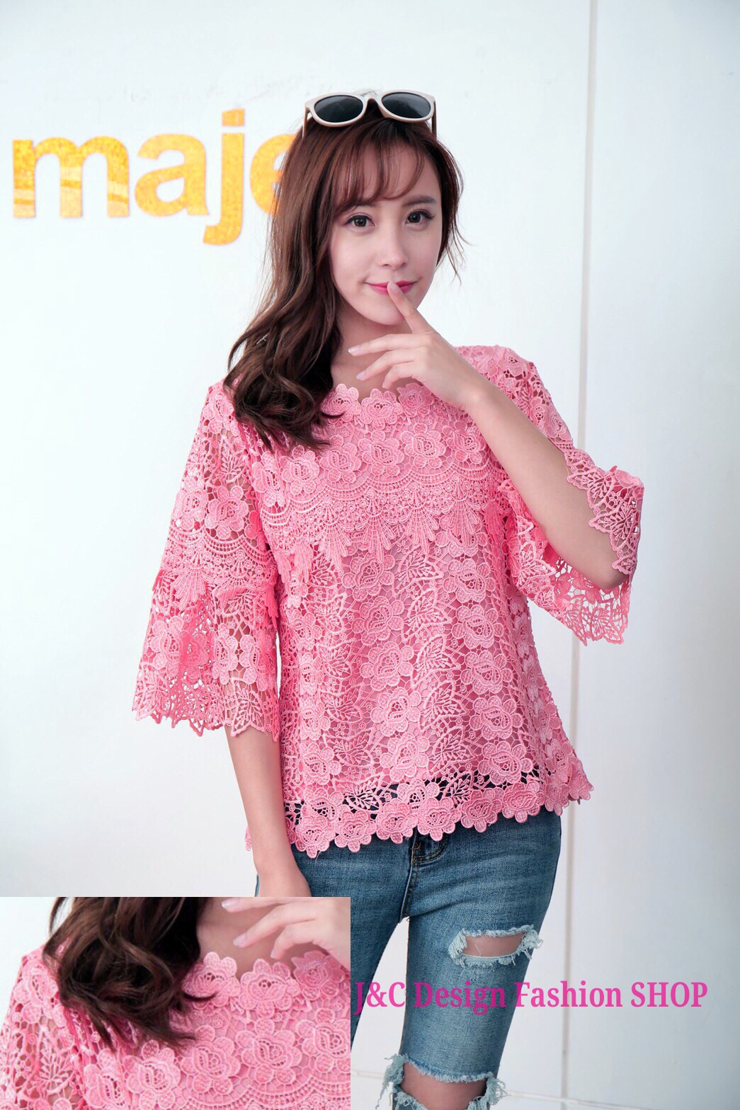 เสื้อเสื้อลูกไม้สไตน์เกาหลีสีชมพู เสื้อลูกไม้แขนกระดิ่งสีชมพู เสื้อลูกไม้วัยรุ่นคอจีนสีชมพู เสื้อทำงานลูกไม้