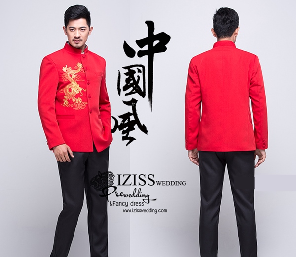 ST002- **พรีออเดอร์**สูทจีนผู้ชายสีแดงแขนยาวปักลายมังกรสีทอง ติดกระดุมสีแดง พร้อมกางเกงสีดำขาสอบ ชุดสูทเจ้าบ่าว สูทแฟนซี ถ่ายพรีเวดดิ้ง & ชุดแต่งงานแฟนซี (Fancy wedding dress) สูทผู้ชายสีแดง