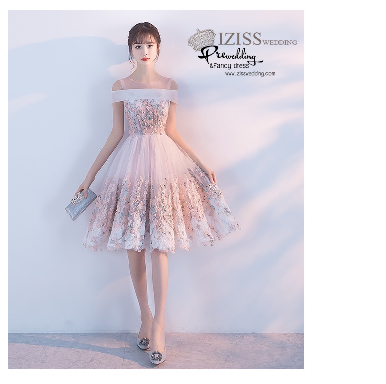 DS037 - **พร้อมส่ง** ชุดราตรี เดรสสั้นออกงาน (short dresses) ชุดไปงานแต่งงานสวยๆ "ธีมสีโอโรสปักดอก 3D"
