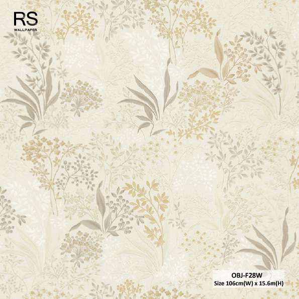 วอลเปเปอร์ลายลายใบไม้เล็ก สีน้ำตาลทองพื้นสีครีม OBJ-F28W