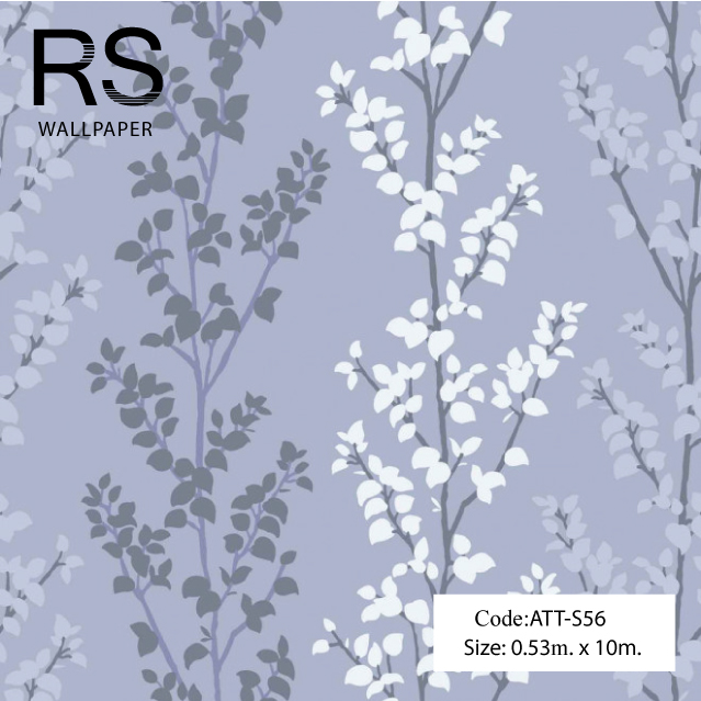 วอลเปเปอร์ลายก้านใบไม้สีดำ เงิน ขาว พื้นสีน้ำเงินอมเทาเข้ม ATT-S56