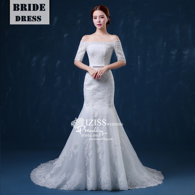 BR163 **พรีออเดอร์**ชุดแต่งงาน&ชุดเจ้าสาวแบบยาวสีขาวหางปลาเกรดพรีเมี่ยม เปิดไหล่ ครึ่งแขน เข้ารูปช่วงสะโพกบานออกช่วงปลาย หรูหราน่ารัก สวยโดดเด่นไม่ซ้ำใคร