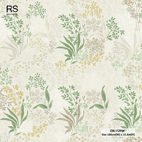 วอลเปเปอร์ลายลายใบไม้เล็ก สีเขียวทองพื้นสีเทาอ่อน OBJ-F29W
