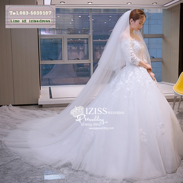 BR240 **พรีออเดอร์**ชุดแต่งงาน&ชุดเจ้าสาวแบบยาวสีขาวเกรดพรีเมี่ยม เปิดไหล่ มีแขน หรูหราน่ารัก สวยโดดเด่นไม่ซ้ำใคร