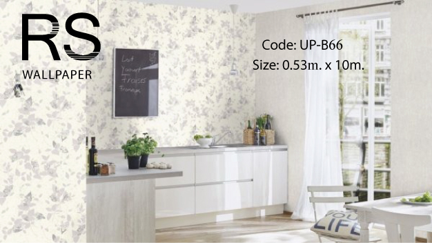 วอลเปเปอร์ลายใบไม้สีเทาอมม่วงอ่อน พื้นสีขาว มีกลิตเตอร์สีเงินโรย UP-B66